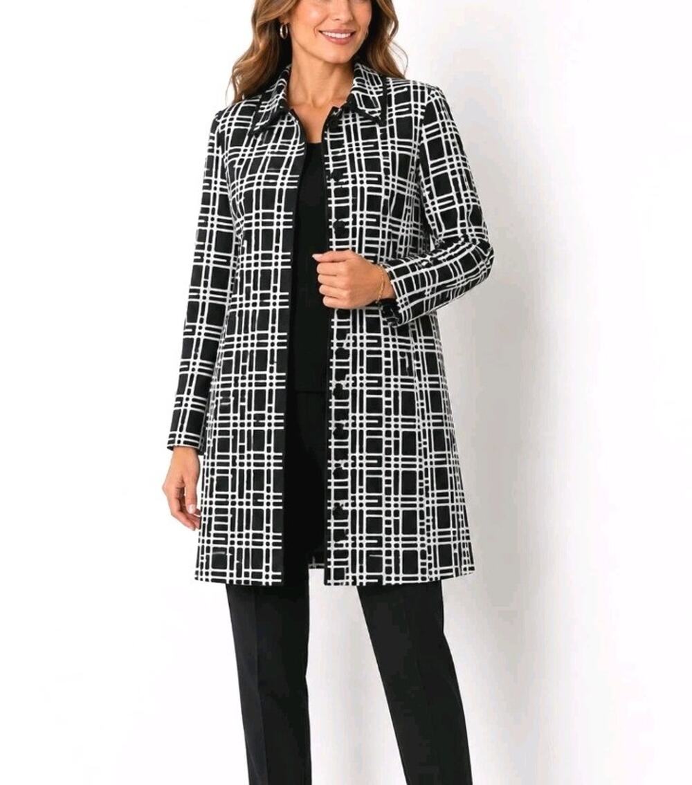 Isabella~Woman Size 18~Black/White Plaid Prnt. Blazer Jacket Long Line Suit Coat